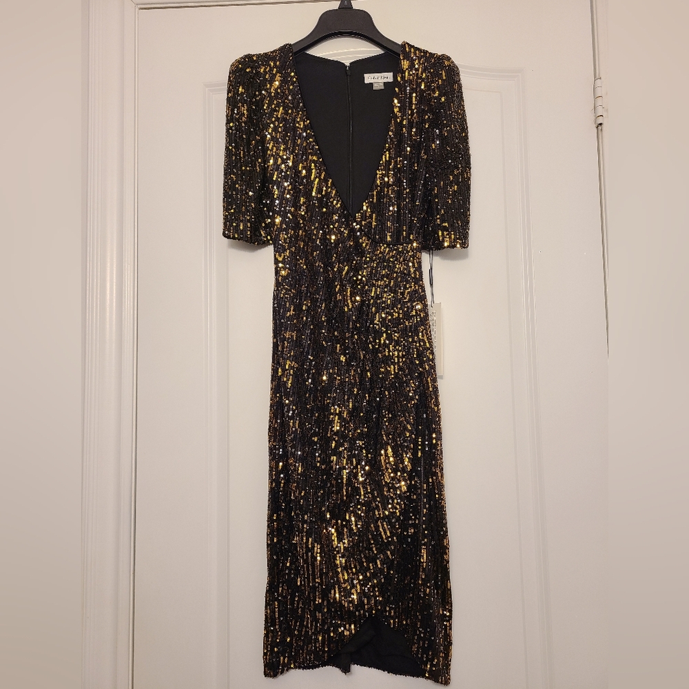 Black and Gold Sequin Dress Calvin Klein Womens Size 4